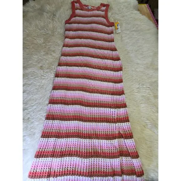 C & C California Neapolitan Crocheted Striped Pastel lined beach cover dress - Picture 1 of 9